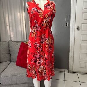 Red Floral Sleeveless Ruffle Hem Dress